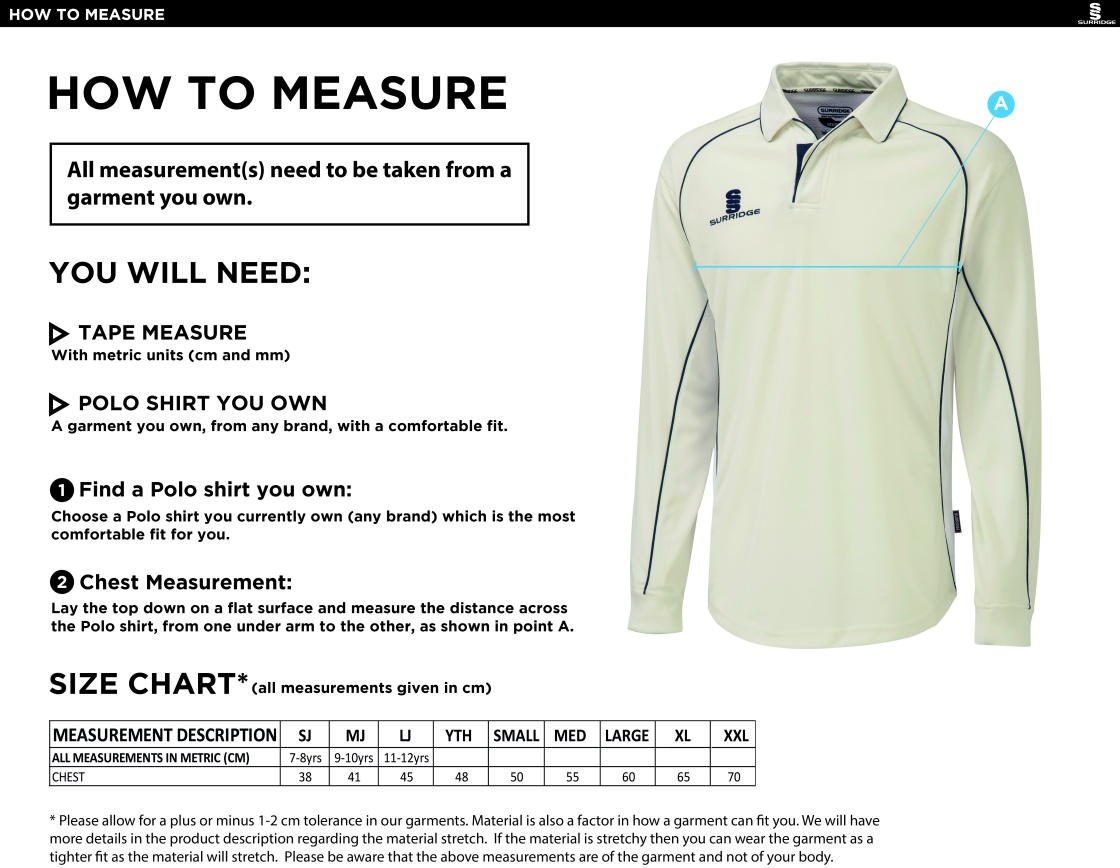 Upperthong CC - Premier long sleeved playing shirt - Size Guide