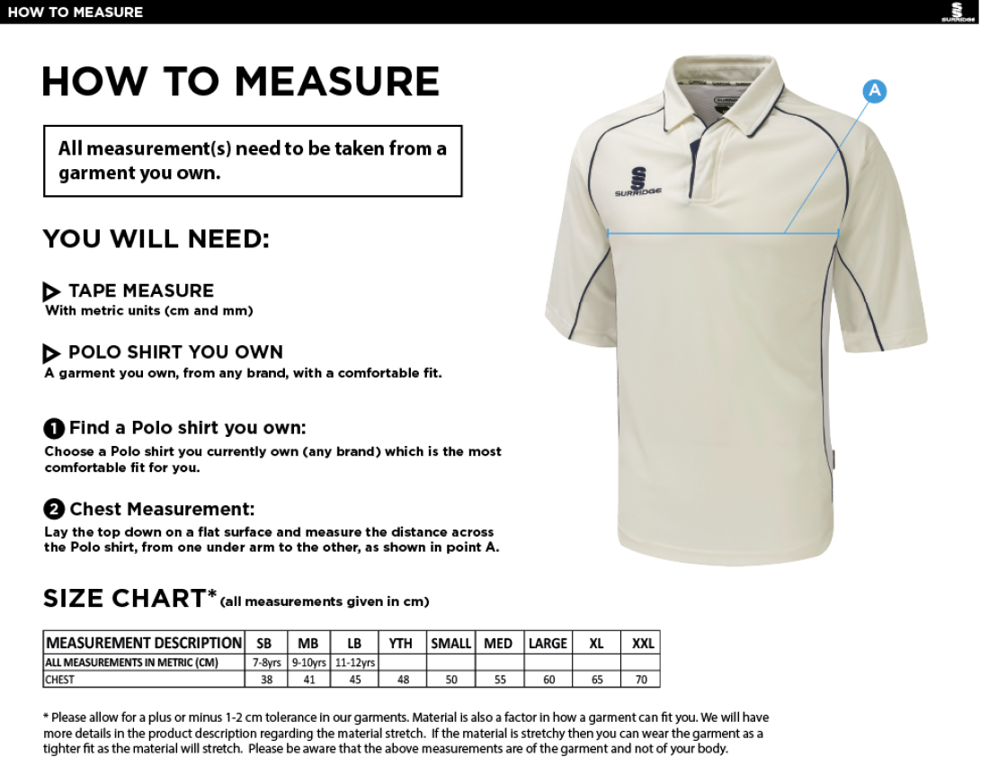 Upperthong CC - Premier 3/4 sleeved playing shirt - Size Guide