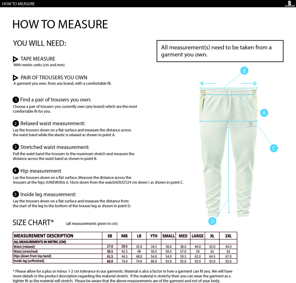 Upperthong CC - Playing Cricket Trousers - Size Guide