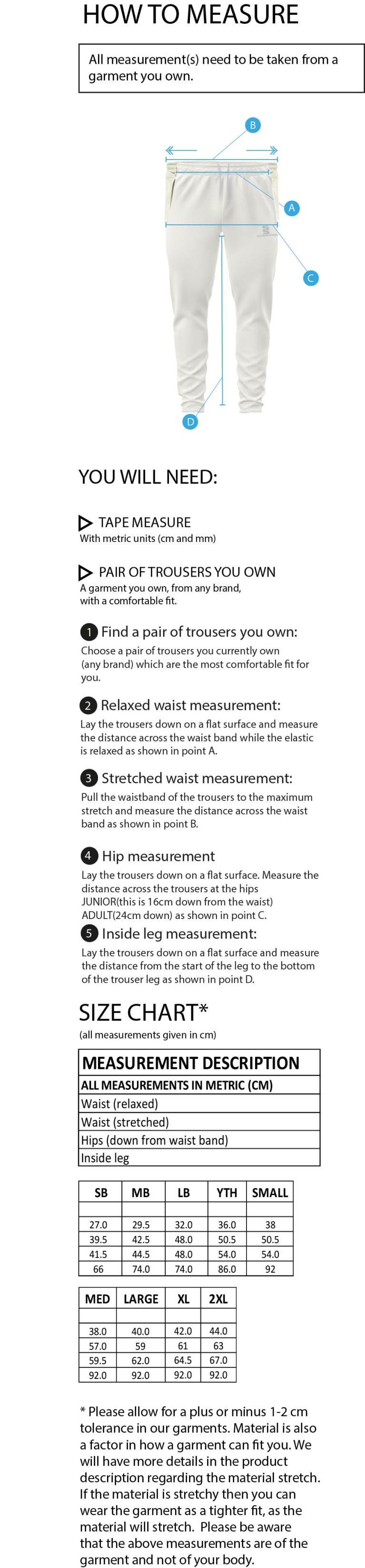 Upperthong CC - Playing Cricket Trousers - Size Guide